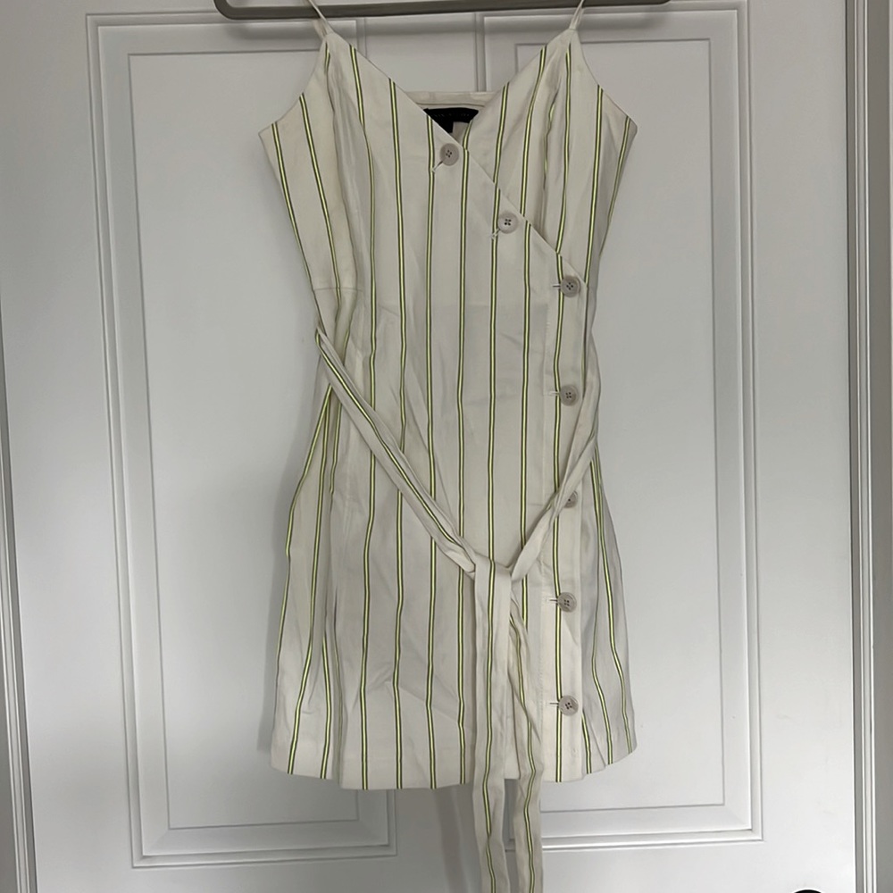 Banana Republic white summer dress with lime stripes and belt.